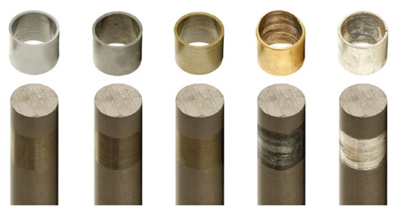 Gráfico de los materiales de eje y cojinetes de fricción testados