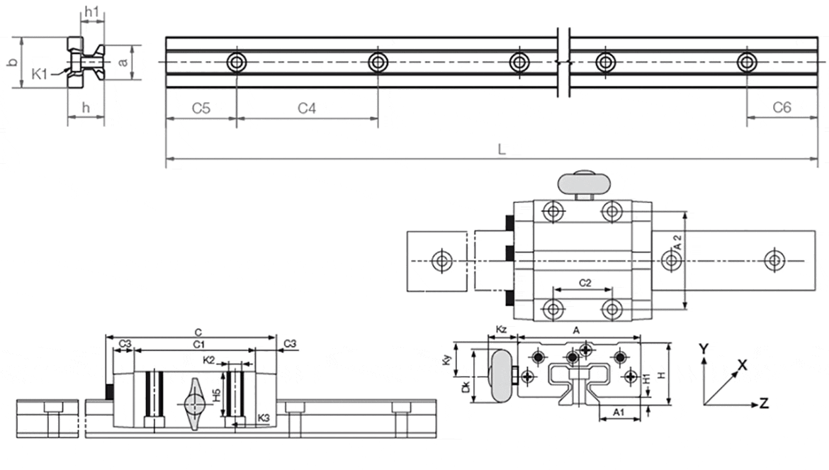 Plano técnico de un sistema drylin® T con freno manual